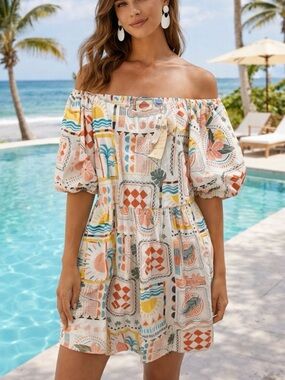 Farm Rio x Anthropologie Off-The-Shoulder Cover-Up Mini Dress Size XL -NWT